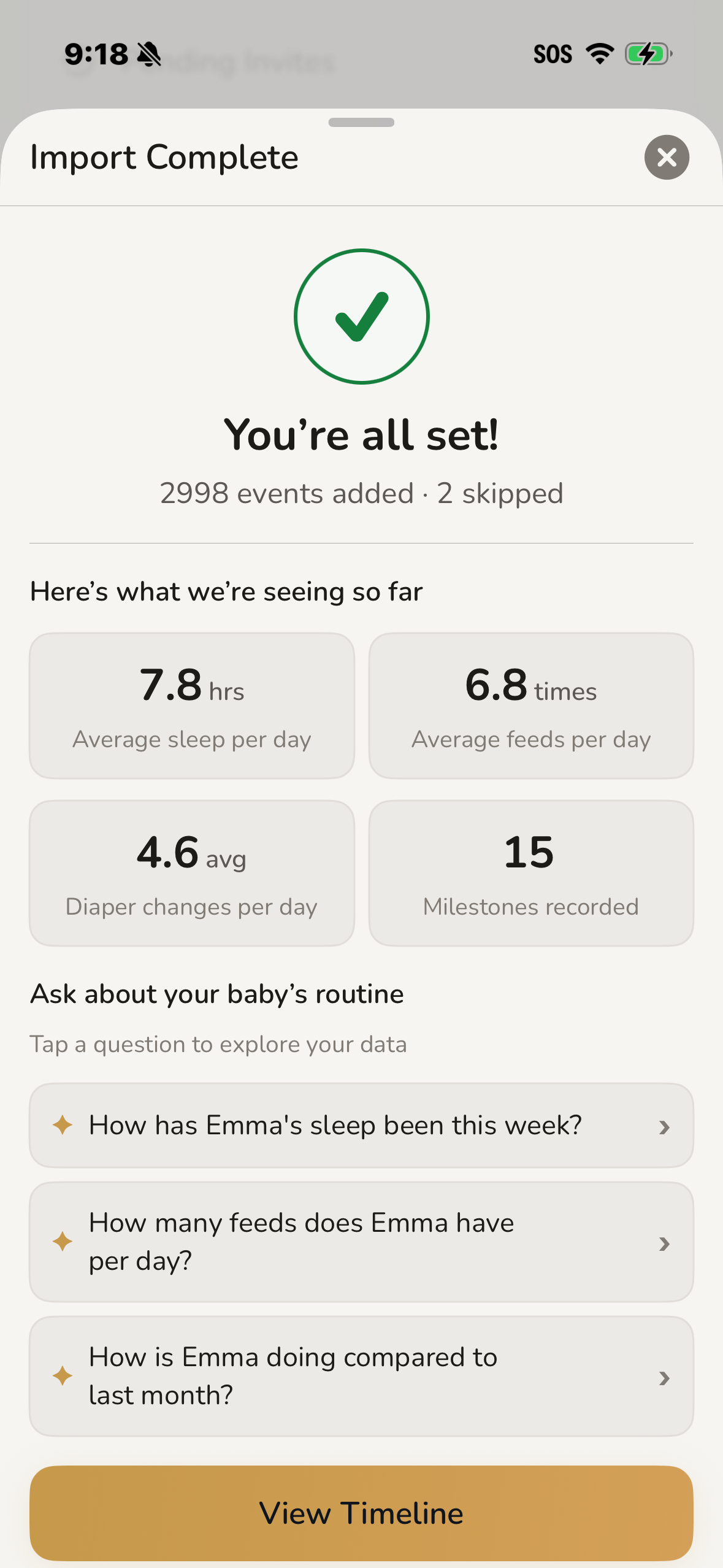 Robin Baby app interface showing detailed imported data